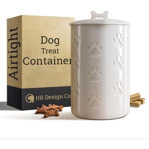 Dog Treat Container Airtight - 5 Inch Wide x 9 Inch Tall Ceramic Dog Treat Jar for Kitchen Counter with Airtight Lid - 7 Cup Capacity Pet Treat Container - Cute Doggie Cookie Jar - Big Treats Canister (White)