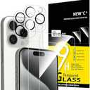 NEW'C 20  Pack, 10 Pack for iPhone 15 Pro Screen Protector (6.1 inch) + 10 Pack Camera Lens Protector, Sensor Protection,Case Friendly Tempered Glass Film