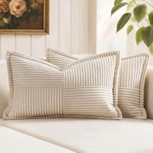 MIULEE Decorative Lumbar Throw Pillow Covers for Couch Bed Livingroom 12x20 Inch Set of 4 Beige Boho Accent Throw Pllows Broadside Striped Patchwork Soft Corduroy Pillowcases