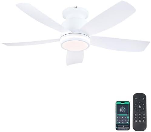Ceiling Fans with Lights and Remote/APP Control, 41 inch Low Profile Flush Mount Ceiling Fan with Lights, LED Dimmable 5 Reversible Curved Blades 3 CCT 6 Speeds for Bedroom Living Room, White