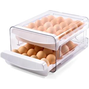 Egg Container Holders Dispenser for Refrigerator 40 Eggs, 2 Tier Clear Stackable Holder Tray with Drawer for Fridge, Storage Container with Handles for Refrigerator, Countertop