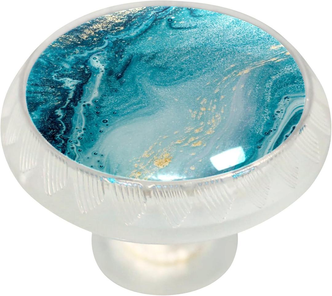 LORVIES 4 Pack 1.37" Marble Decorative Cabinet Knobs, ABS Glass Round Transparent Clear, Dresser Drawer Door Handles Pulls for Home Kitchen Bedroom (Aquamarine Gold Liquid)