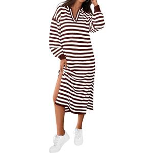 MASCOMODA Womens Fall Dresses 2024 Striped Sweater Dress Casual Long Sleeve V Neck Collared Loose Side Slit Knit Midi Dress (Small, Coffee)