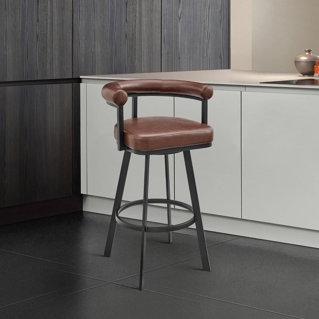Armen Living Magnolia Swivel Counter Stool in Black Metal with Brown Faux Leather
