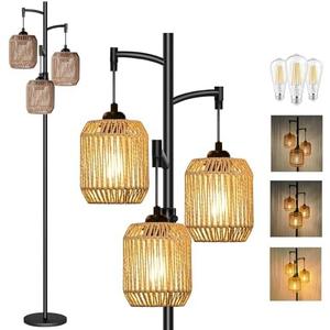 MKPAEI Boho Floor Lamps for Living Room, 65'' Dimmable Farmhouse Rattan Standing Lamp with LED Bulbs, 3 Light Tree Rustic Tall Lamps for Bedroom, Office, Rotary Switch