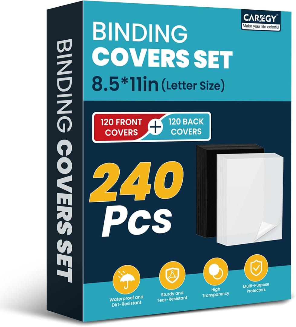 CAREGY 240 Pack Binding Covers and Backs Set 8.5 x 11 Inches, Including 120 Pack 8Mil Clear PVC, 120 Pack 12Mil Sand-Textured Polycovers Letter Size
