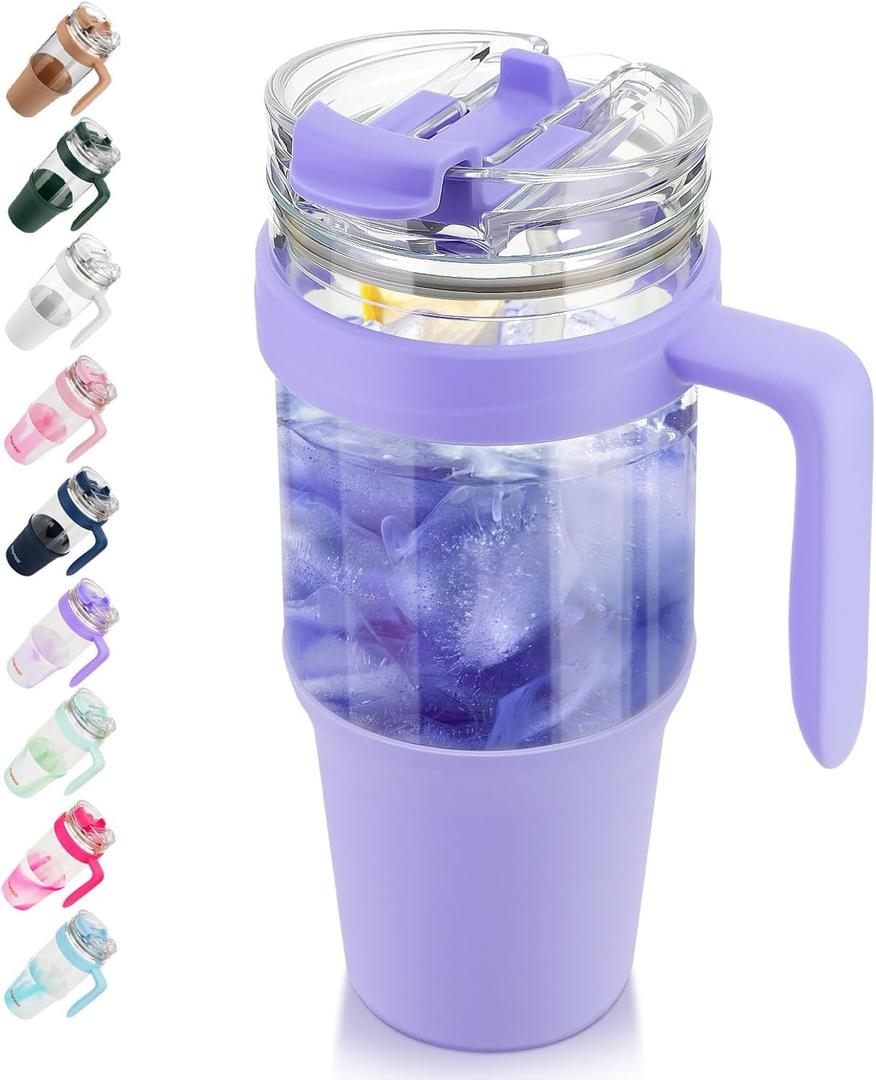Tronco 40 oz Glass Tumbler with Straw and Lid, Leak-proof Flip Straw, Reusable Glass Tumbler with Handle, Iced Coffee Cup with Plastic Lid, Glass Water Bottles Fit in Cup Holder,Smoothie Cup (Purple)