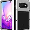 LOVE MEI Military Rugged Case for Samsung Galaxy S10 Plus, with Tempered Glass Screen Protector, Shockproof Dustproof Scratch Proof Hybrid Metal and Silicone Gel Heavy Duty Full Body Cover Silver
