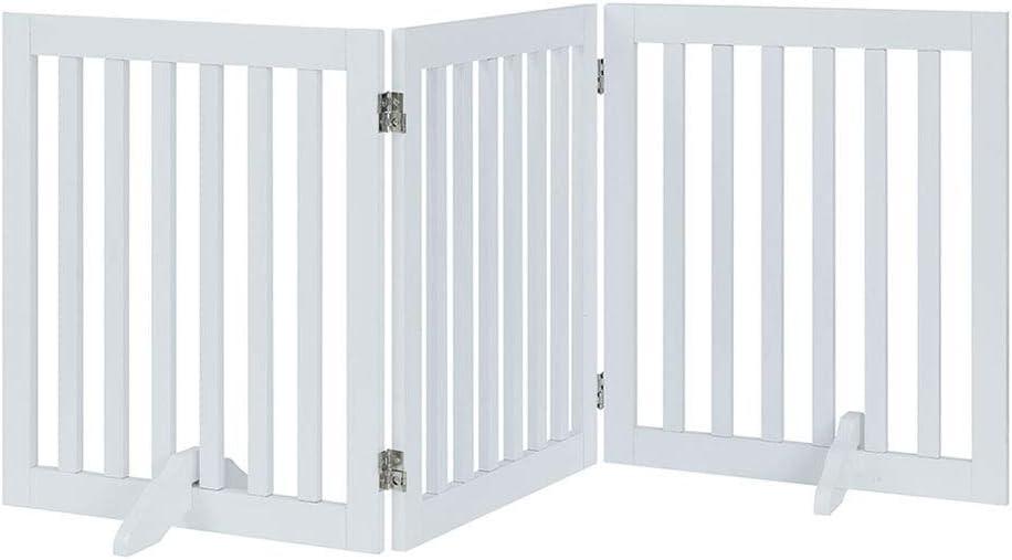 unipaws 24H Free Standing Pet Gate for Dog Cat, Wooden Gates for Doorway, Stairs, Step Over Foldable Pet Fence for The House, Expandable Dog Barrier, Indoor Use, White (60"W24"H)