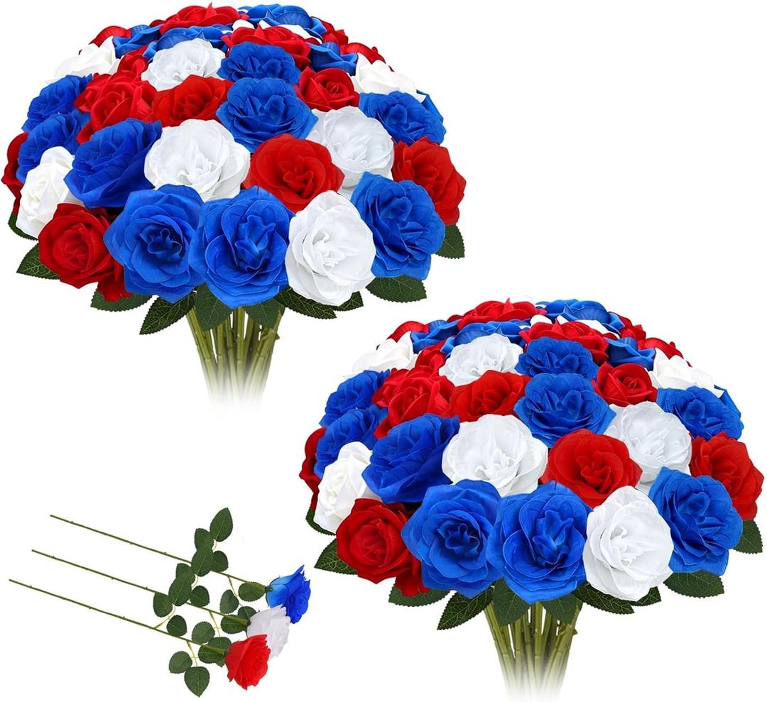 50 Pcs Artificial Red White and Blue Roses Patriotic Flowers 4th of July Fake Silk Roses with Long Stems for Table Centerpieces Memorial Day Party Home Outdoor Decor