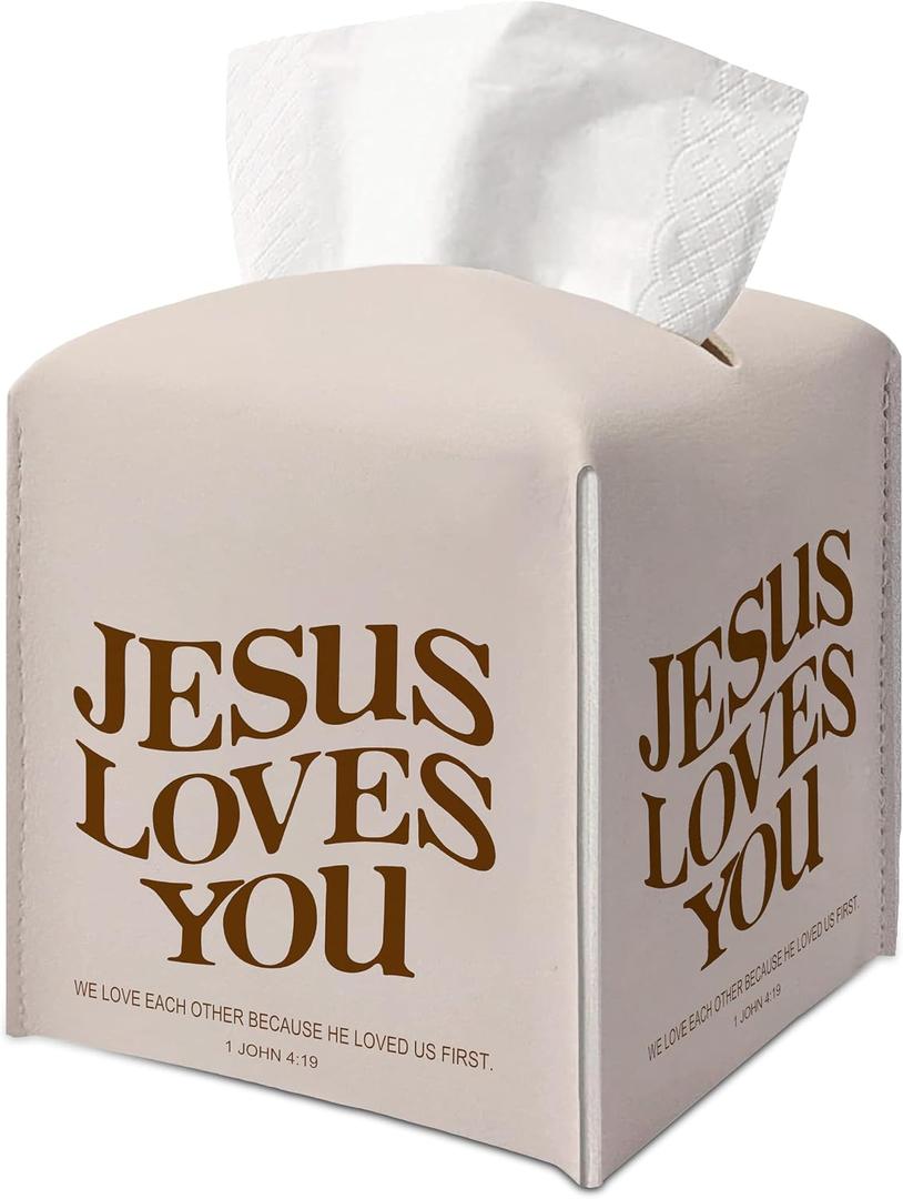 Christian Bible Tissue Box Cover Jesus Loves You 1 John 4:19 Bible Verse Religious Decorative Aesthetic Square Faux Leather Tissue Box Holder Dispenser, 5.3x5.3x5.3 Inch