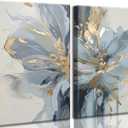 1Pcs Left side. Neutral Abstract Floral Canvas Wall Art Luxurious Light Blue Grey And Gold Flower Painting Pictures Wall Decor Poster Print Artwork for Living Room Bedroom Bathroom Home Decoration.