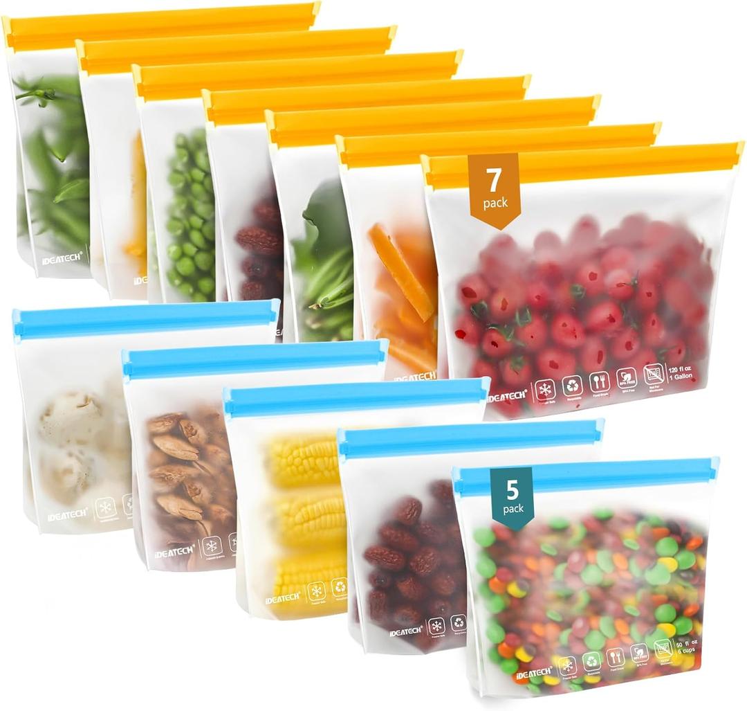 IDEATECH 12Pack Reusable Food Storage Bags Dishwasher Safe,Leakproof Gallon Freezer Bags, BPA Free Quart Sandwich Size Silicone Reusable Baggies for Marinate Meats,Travel(7Gallon 5Quart, Colored) (Multicolor)