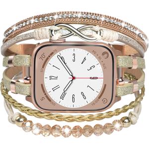 Boho Beaded Bracelet for Apple Watch Band 46mm 40mm 38mm 41mm 44mm 42mm 45mm 49mm Women, Bling Handmade Multilayer Leather Wrap Strap Accessories for iWatch Bands SE Series 11 10 9 8 7 6 5 4 3 2 1