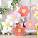 Threehoney Spring Wooden Flowers Decor Wooden Daisy Art Spring Floral Tiered Tray Decor Farmhouse Daisy Table Centerpieces for Home Desk Shelf Easter Tabletop Decoration(Pink)