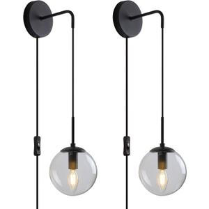 KUZZULL Wall Sconces Set of Two Matte Black Wall Lights for Bedroom Plug in Wall Sconces Set of 2 with Globe Smoke Grey Glass Shade Wall Lamp with Plug in Cord Sconces Wall Decor Set of 2 with Switch