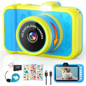 Kids Camera with Rotating Zoom Lens, 3.5 Large Screen, 1080P Kids Digital Camera with Flash,Selfie, 32GB Card, Toddler Toy Camera Christmas Birthday Gifts for Boys Girls 3-12 Years Old-Blue