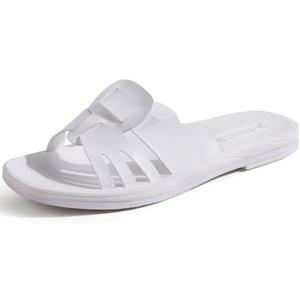 ONCAI Slides for Womens,Flat Dressy Square Toe Summer Beach Sandals for Woman with Comfortable Non-slip Rubber Soles, Size 11, White