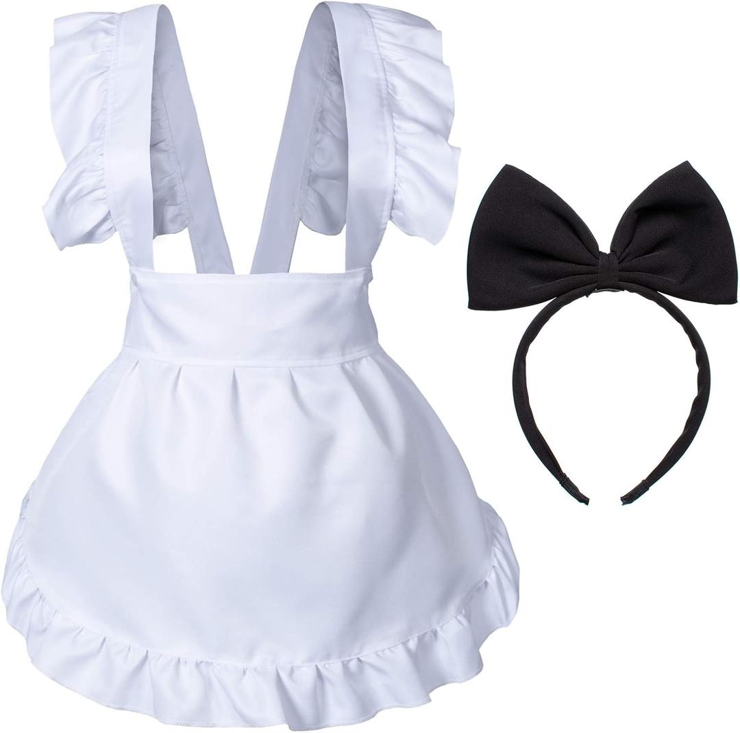 Wannsee Fancy Cute White Retro Frilly Adorable Maid Waitress Aprons Vintage Costume Bow Headdress Set(Adjustable Bow) (One Size)