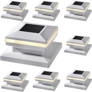 Dynaming 8 Pack Solar Post Lights, Outdoor Decorative Posts Cap Light, Solar Powered White Shell Caps, High Brightness Warm White SMD LED Lighting for Fence Deck Patio, Fit 4x4, 5x5 or 6x6 Wooden Post