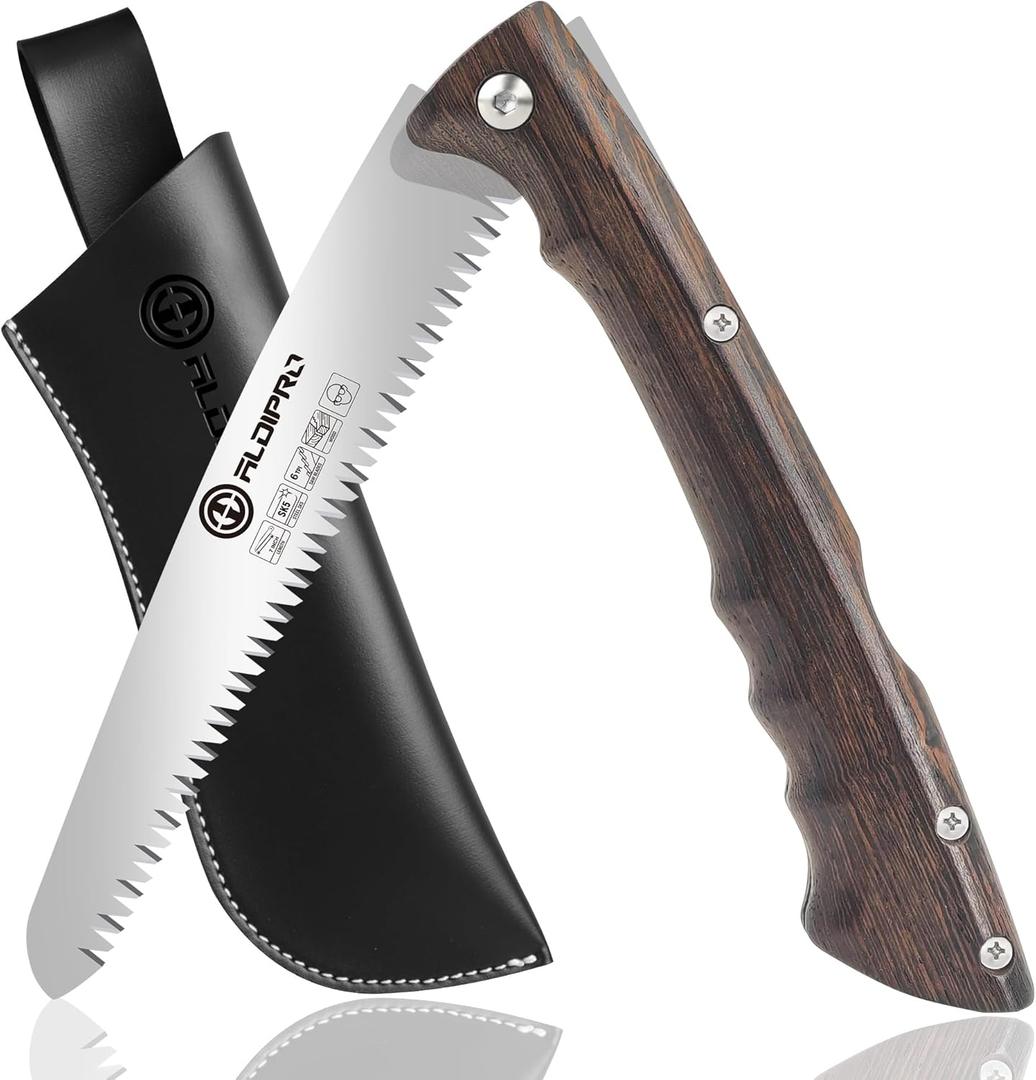 Folding Pruning Saw 7 Inch with Leather Sheath and Wenge Wooden Handle, SK5 Steel Blade, Foldable Hand Saw for Camping, Survival, Wood Cutting, Bushcraft and Tree Trimming