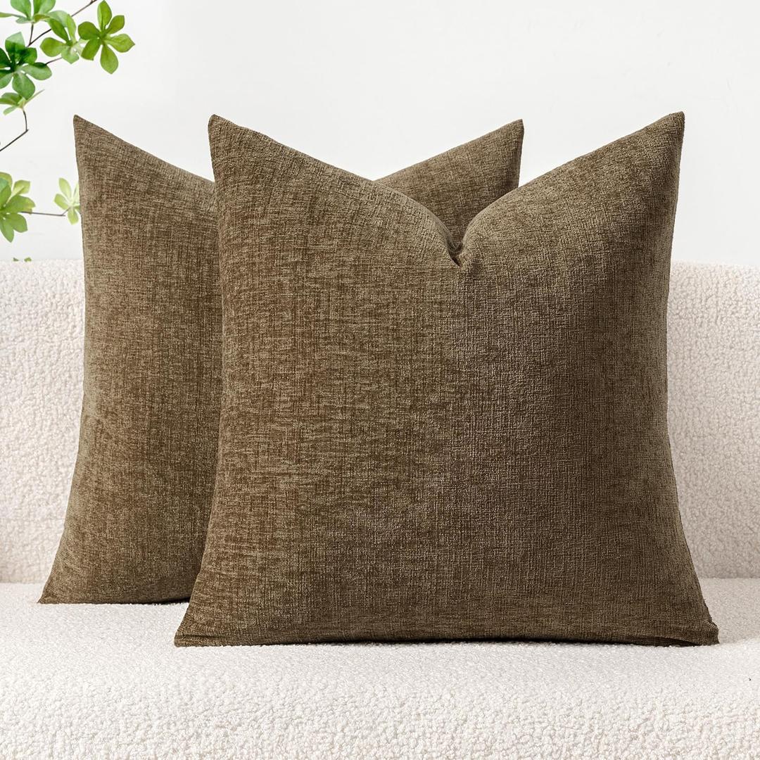 MIULEE Pack of 2 Coffee Throw Pillow Covers 18x18 Inch Soft Chenille Pillow Covers for Sofa Living Room Couch Solid Dyed Cases