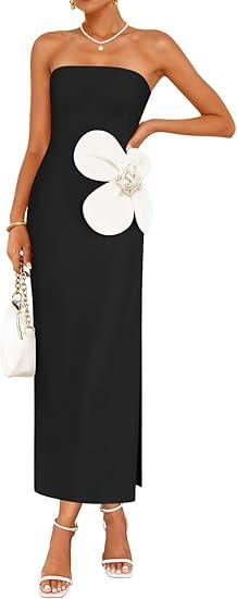 ZESICA Womens Summer Cocktail Strapless Maxi Dress 2026 Formal Bodycon Backless Floral Tube Wedding Guest Party Long Dresses (Black, M)