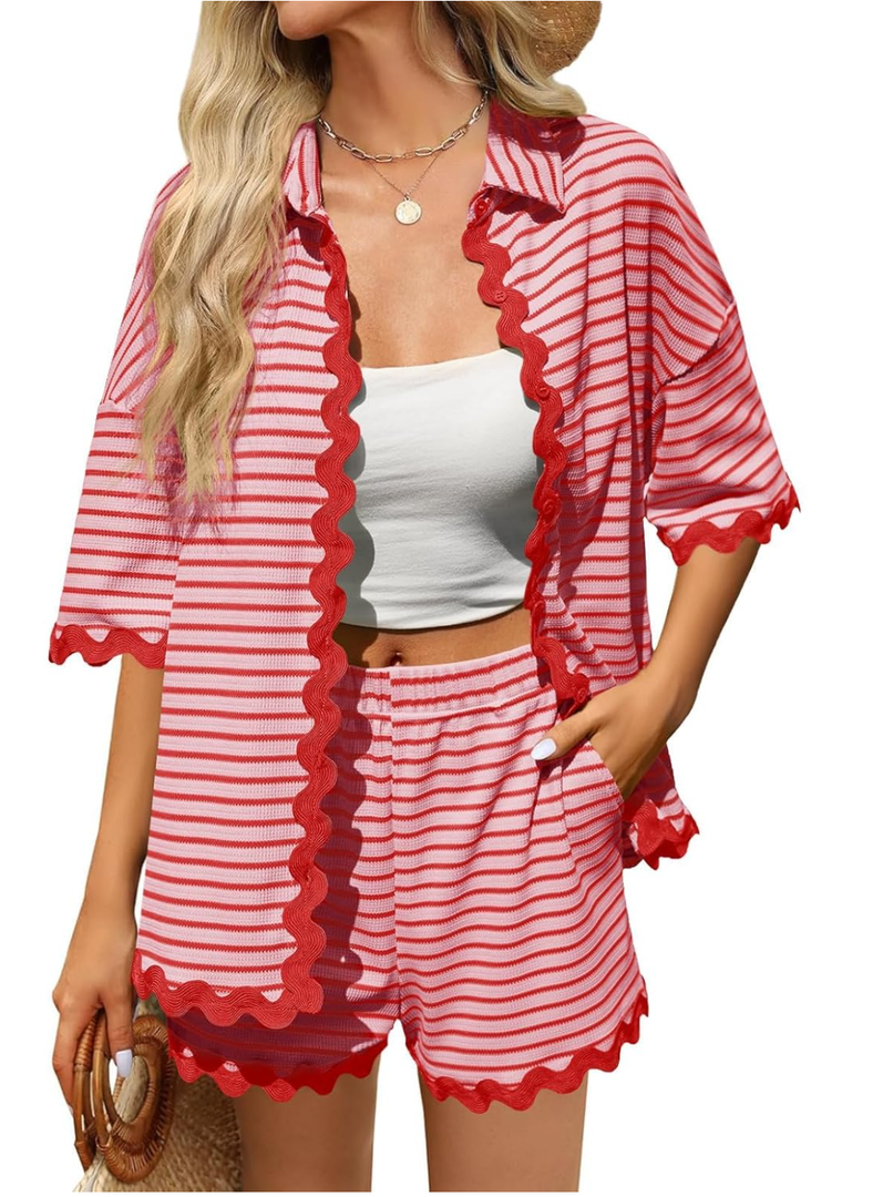 Womens Pajamas for women Set Striped Short Sleeve Button Down Tops and Shorts Loungwear Pjs Lounge Set, Size: L