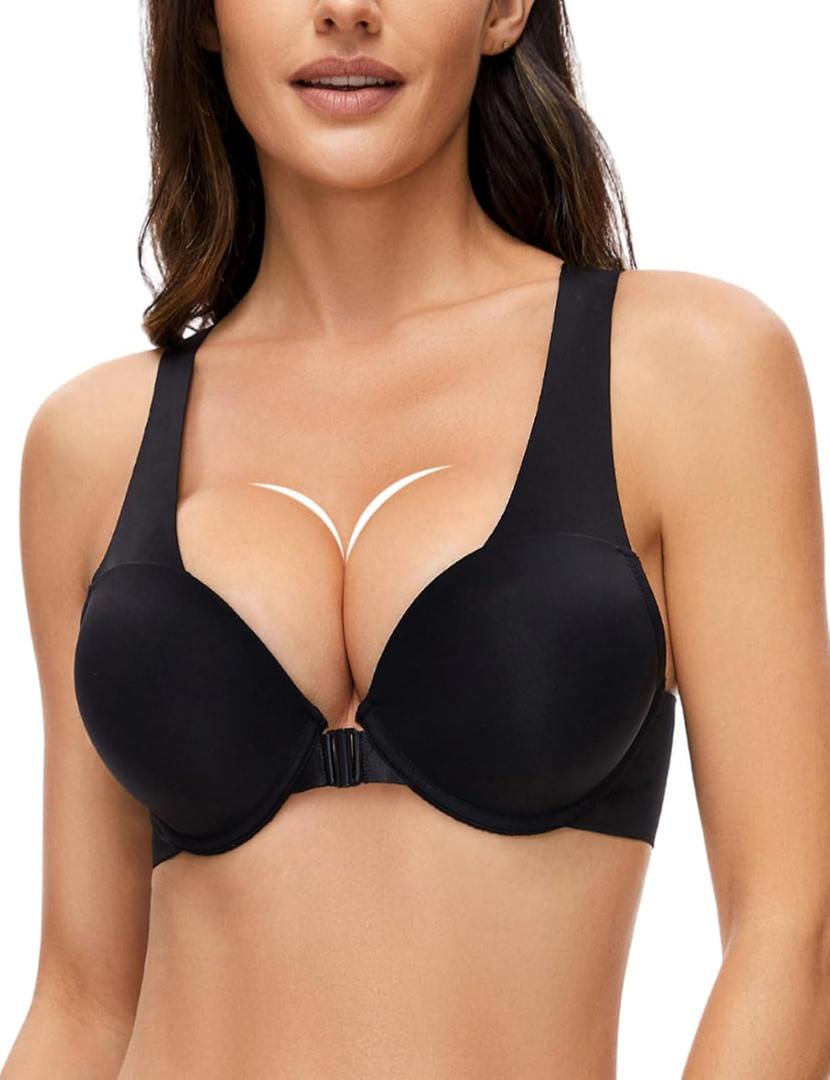 Upushall Women's Push Up Racerback Bra Add 2 Cups Thick Padded Seamless Front Closure Underwire Bra (Black)