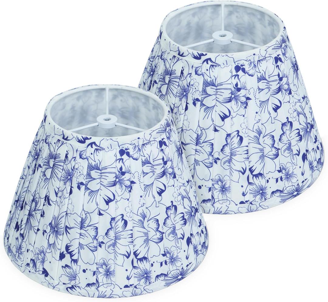 Blue and White Floral Lamp Shades Set of 2, 5x9x6.2 Inch Small Empire Pleated Lampshades, Fabric Cover for Table Lamps(Spider Fitter), No Assembly, Stylish Upgrade for Nightstand, Desk & Accent Lamps