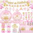 196Pcs Princess Birthday Party Decorations Serves 24,Pink Princess Birthday Themed Tableware Includes Scalloped Plates,Napkins,Tablecloth,Banner,Balloon,Cake Topper for Girls Princess Party Supplies