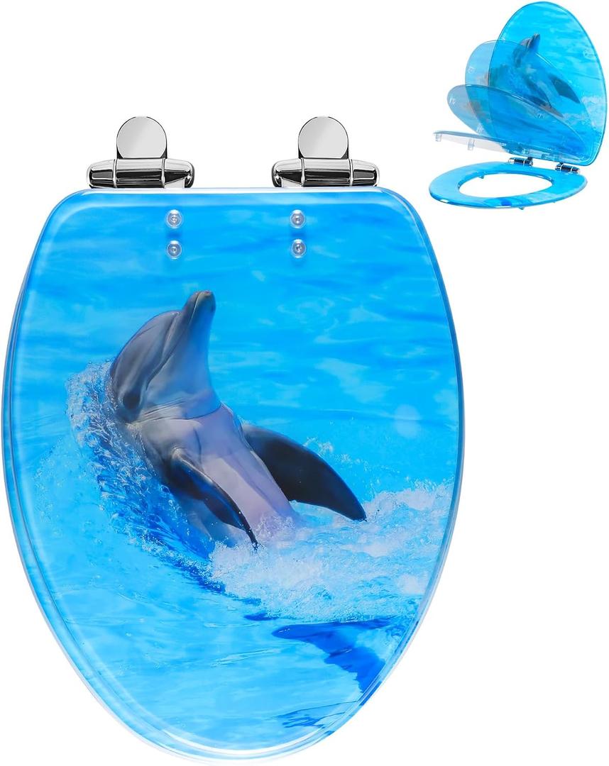 Angol Shiold ELONGATED Soft Close Toilet Seat Resin, Quiet and Slow Close Lid and Seat with Quick Release Adjustable Hingesfor Standard Toilets, Easy Installation & Clean(19 Inch, Backstroke Dolphin)