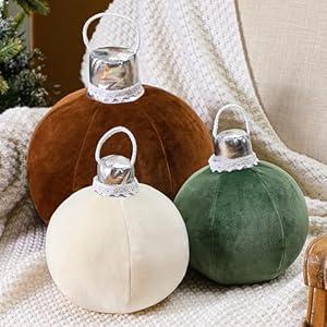 Shellwei 3 Pcs Christmas Bell Pillow Velvet Round Throw Pillows 3D Stuffed Ball Shaped Pillow Neutral Cute Christmas Decorations for Bedroom Living Room and Gift for Christmas(Moss Green, Velvet)
