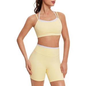 OMKAGI Workout Sets for Women Cute Doubel Layer Open Back Sports Bras Gym Shorts Outfits, Medium