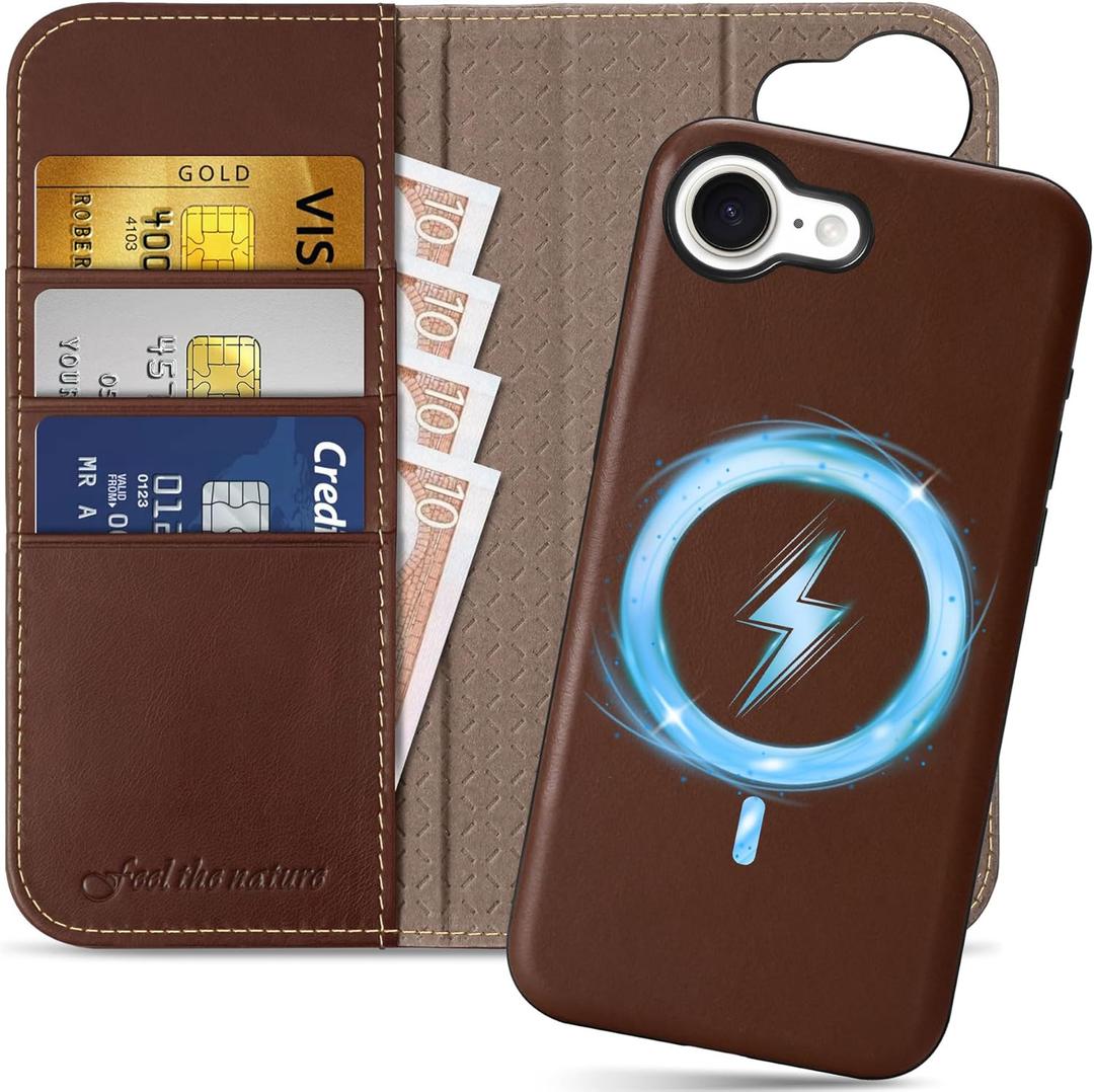 SHIELDON Case for iPhone 16e 6.1", Genuine Leather Removable Folio Wallet Magnetic Wireless Charging RFID Blocking Card Holder Kickstand Shockproof Compatible with iPhone 16e 2025 - Retro Coffee