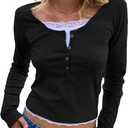 BAIGRAM Women Long Sleeve Lace Patchwork Button Up Henley Crop Shirt Top Y2K Preppy Slim Fit Fall Going Out Tee Girls Clothes Black (L)