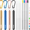 Cruise Ship Essentials,4-Pack reusable Collapsible Stainless Steel Drinking Straws with Aluminum Case,Cleaning Brush,and Keychains Black & rose gold & blue & gold