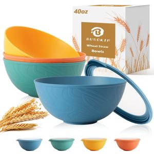 Wheat Straw Bowls 40 OZ, Unbreakable Salad Container for Lunch, Plastic Bowls with Lids, Microwavable Meal Prep Bowls for Cereal, Ramen, Soup, Leftovers - 4 Large Bowls and 4 Lids, Multi