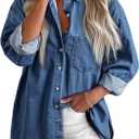 Womens Button Down Denim Shirts Fall Lapel V Neck Lightweight Oversized Long Sleeve Thin Casual Blouse Tops Pocket XL
