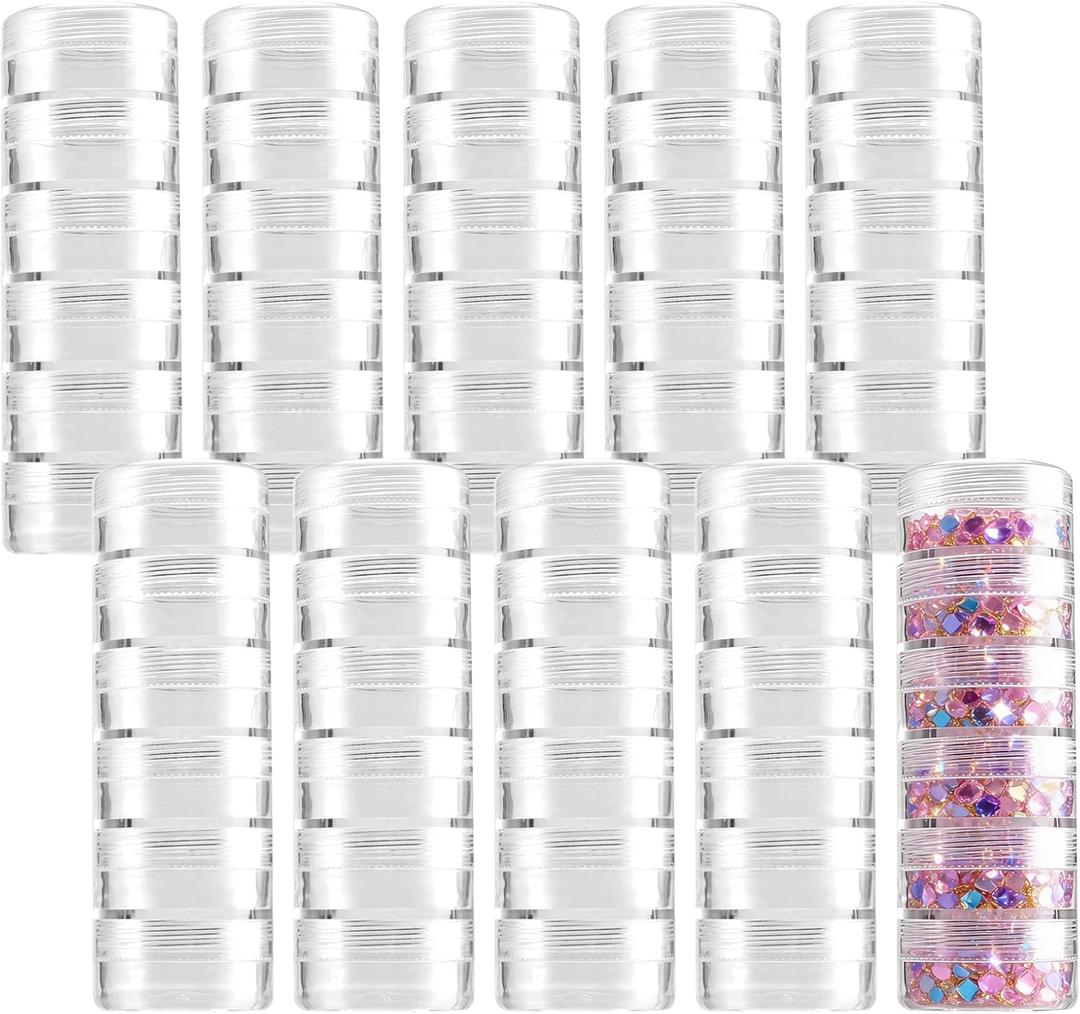 10 Sets 6 Layer Cylinder Stackable Plastic Bead Containers, 10G/10ML Stackable Round Plastic Containers Makeup Sample Container for Buttons, Beads, Small Items