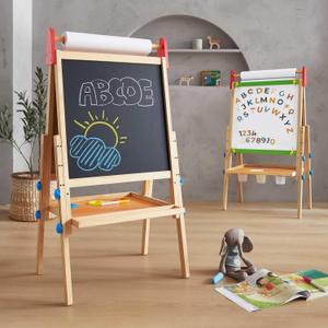 Tiny Land Easel for Kids with 2 Drawing Paper Roll, Adjustable Kids Art Easel, Learning-Toy for 3,4,5,6,7,8 Years Old Boy & Girls, Wooden Chalkboard & Magnetic Whiteboard & Painting Paper Stand (Natural)