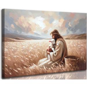 Jesus And Lamb Canvas Wall Art Christ Jesus Finds The Lost Lamb The Shepherd Painting Picture Wall Decor Religious Beliefs Poster Print Artwork for Living Room Bedroom Church Home Decoration (24"L x 16"W)