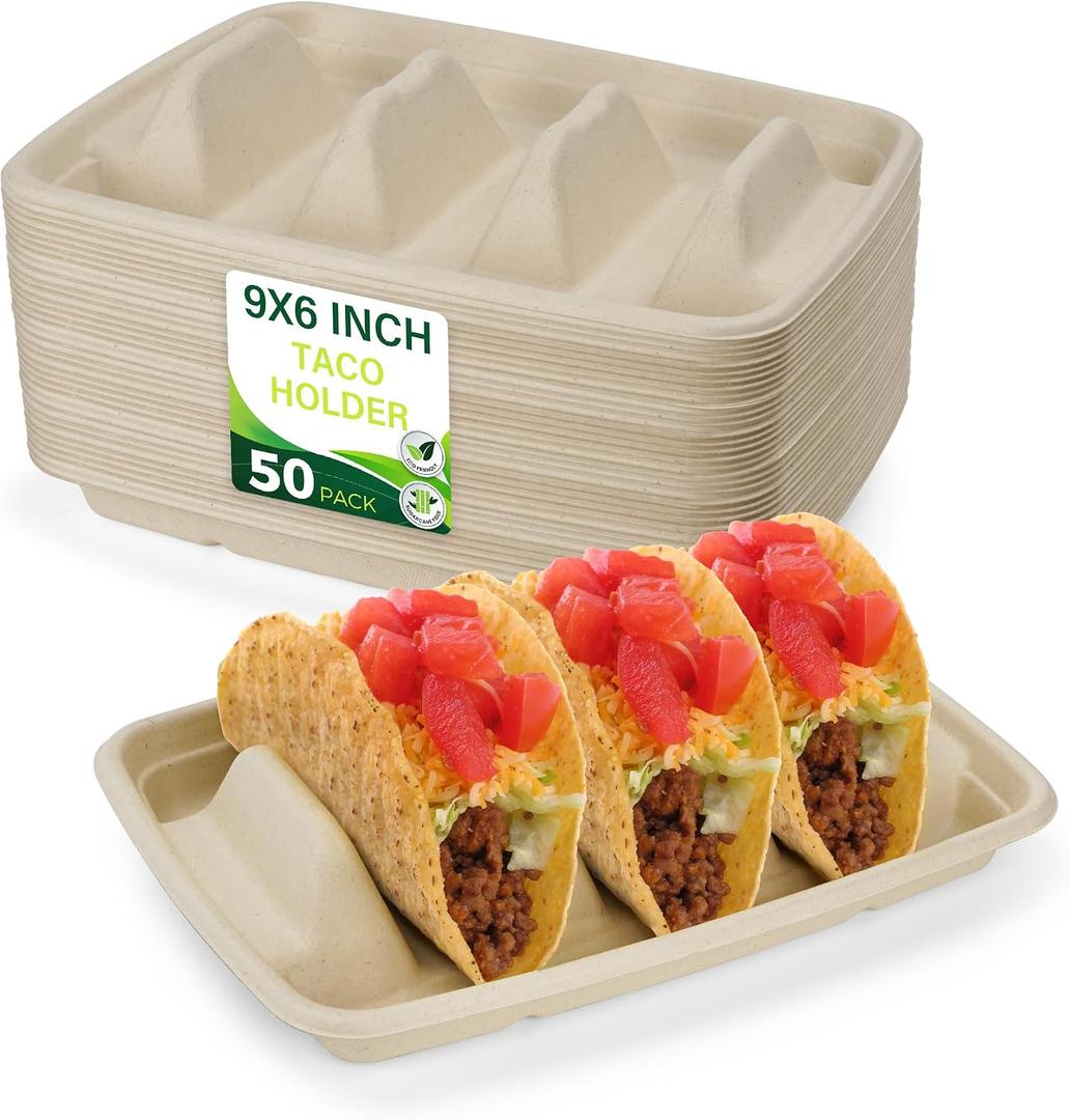 50 Pack Heavy Duty Disposable Fiesta Taco Holders, Taco Plates with 3 Dividers Serving for Party, Taco Stand for Taco Tuesday, Perfect for Taco Bar Supplies