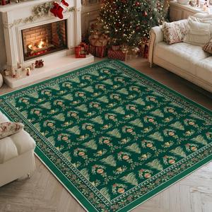 Artoid Mode Green Xmas Tree Mistletoe Christmas Area Rug, Winter Home Decor Low-Profile Non-Slip Washable Large Rug for Living Room Bedroom Farmhouse Dining Room Kids Playroom 5x7 Feet