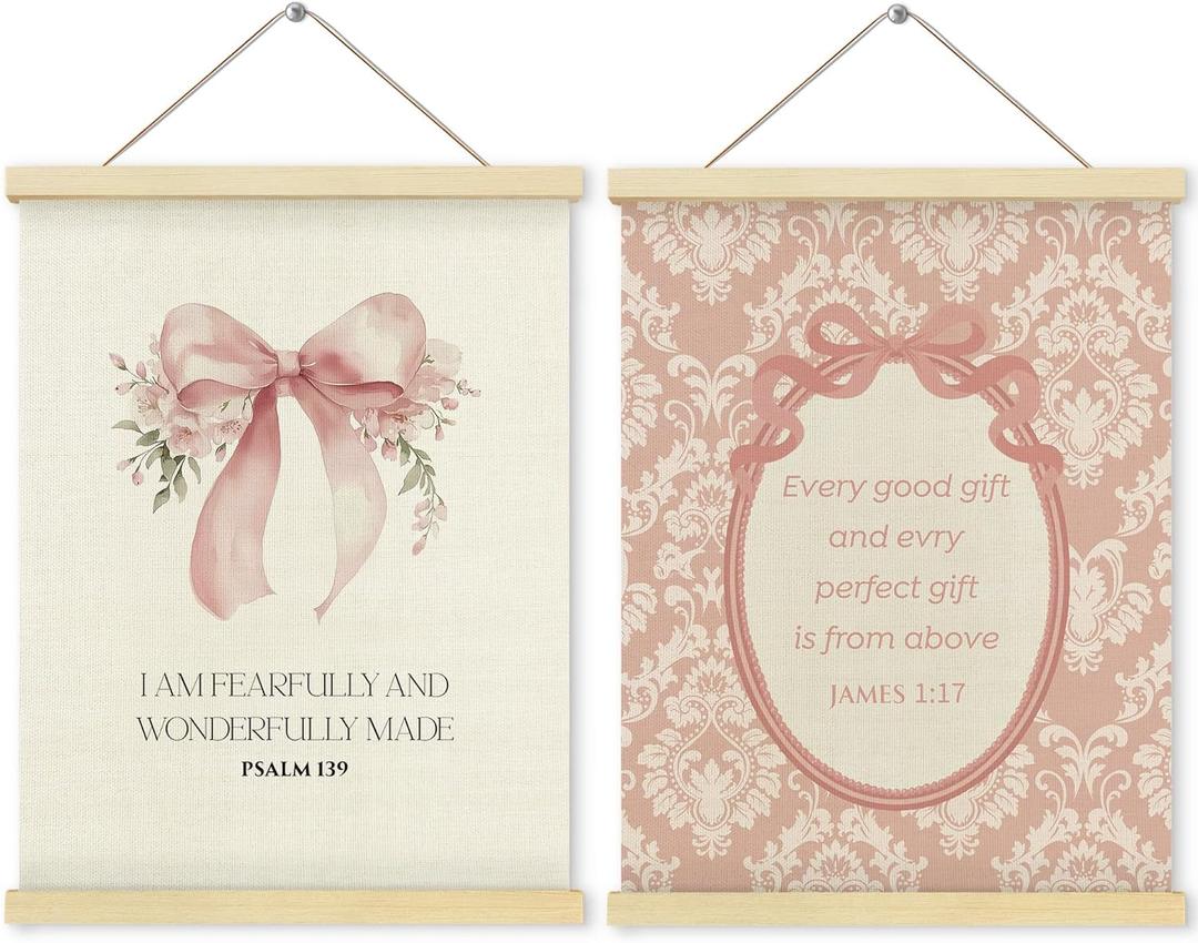 2 x Shrago Vntage Baby Girl Nursery Decor, Coquette Pink Bow Christian Wall Art, Motivational Wall Art,Psalm 139 James 1:17 Bible Verses Girly Poster Hanger Frame for Home Girls Dorm Room Apartment Wall Decor,12x16 Inch Set of 2