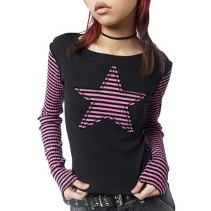 Women Vintage Star Pattern Stripes Patchwork T Shirts Long Sleeve Crew Neck Crop Top Casual Y2K 90s Streetwear (Medium, Pink)