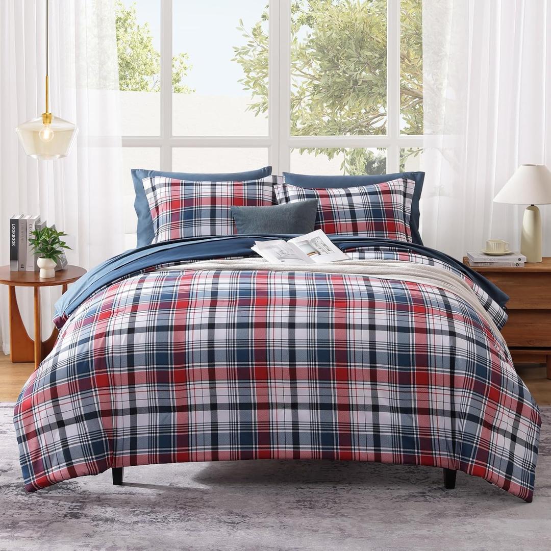 MaiRve Full Size Plaid Comforter Set Navy Red, Classic 7 Pieces Farmhouse Bedding Set, All Season Lightweight Bed in A Bag with Sheets, Pillowcases & Shams