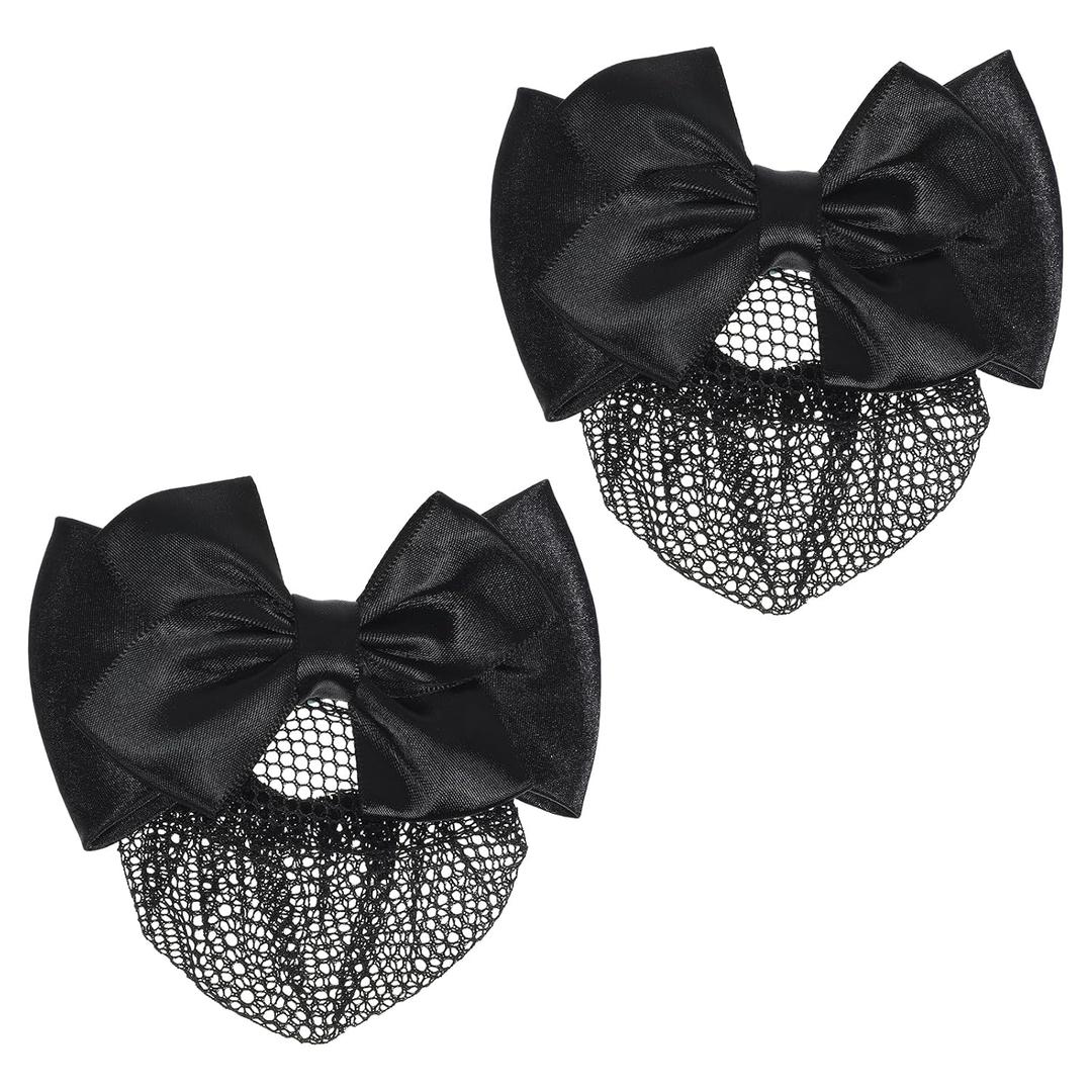 2 Pieces Hair Snood Net, Women's Bun Cover Hairnet Satin Bow Barrette French Clips Ribbon Flower Hair Accessories for Stewardess Banks Hotels Restaurant Staff (Black)