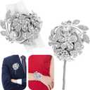 Framendino, Silver Bling Wrist Corsage and Boutonniere Set Artificial Silk Prom Flower for Women Wedding Bridal Shower