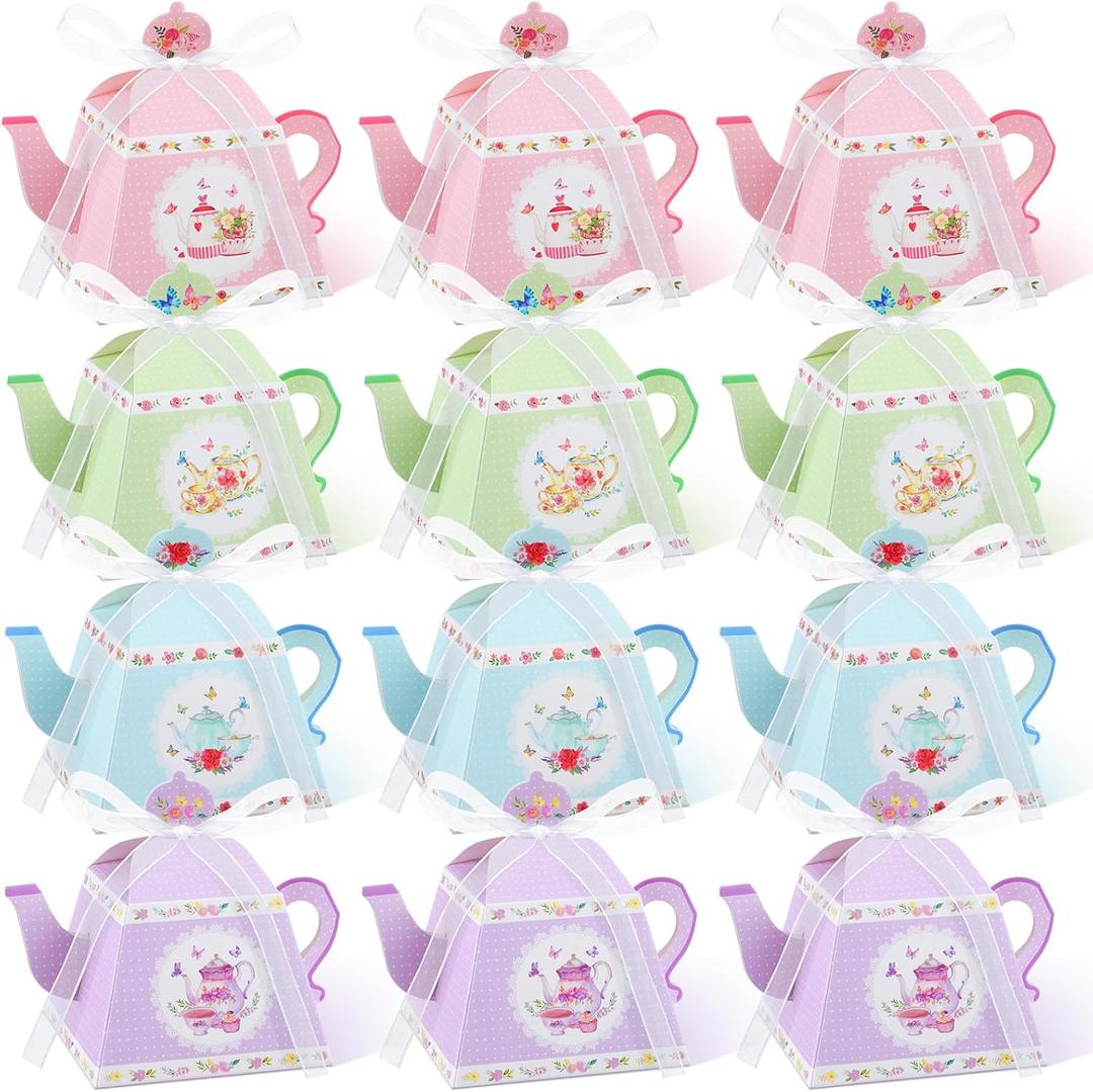 Seajan 48 Pcs Tea Party Treat Gift Boxes Teapot Favor Boxes for Birthday Wedding Bridal Baby Shower Tea Party, 4 Styles (Cute)
